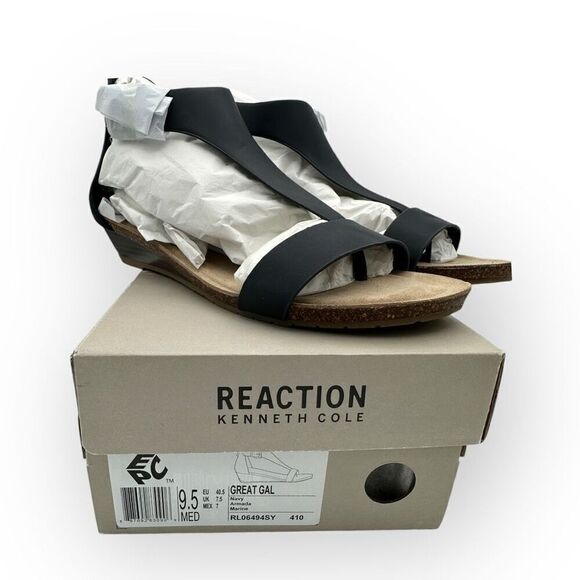 NWT Kenneth Cole Reaction Womens T-Strap Great Gal Wedge Sandals Navy Size 9.5 - Picture 1 of 9